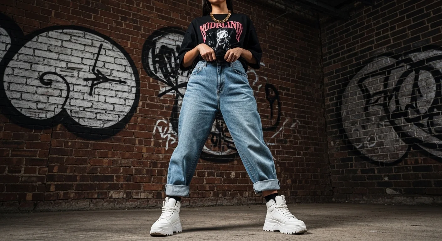 Woman in light wash baggy jeans and oversized graphic tee with chunky sneakers for a bold streetwear look