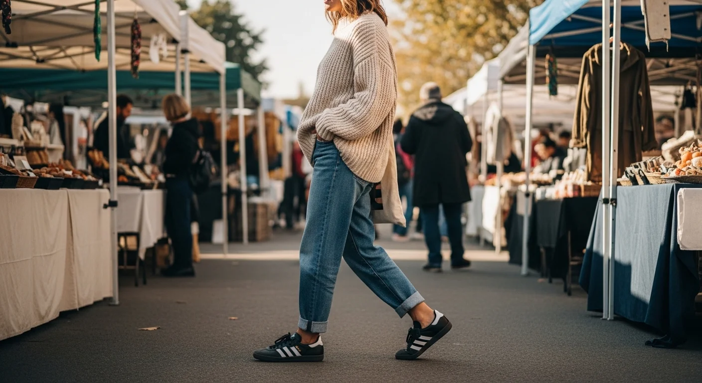 Woman in oversized cream knit sweater, boyfriend jeans, and black and white Adidas Samba sneakers walking through an outdoor weekend market