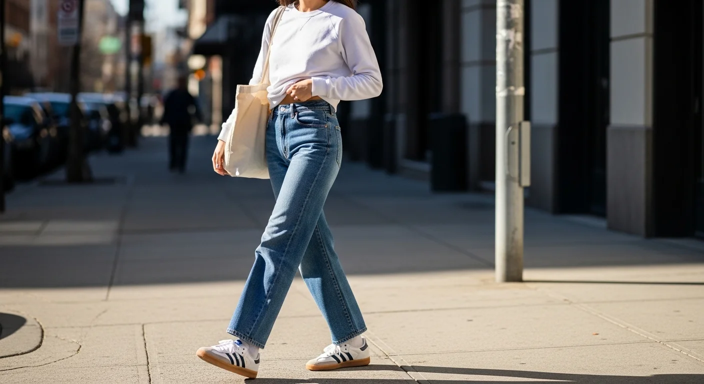 Woman walking in barrel fit denim jeans, white sweatshirt, and white gum sole Adidas Samba OG sneakers on a sunny city sidewalk