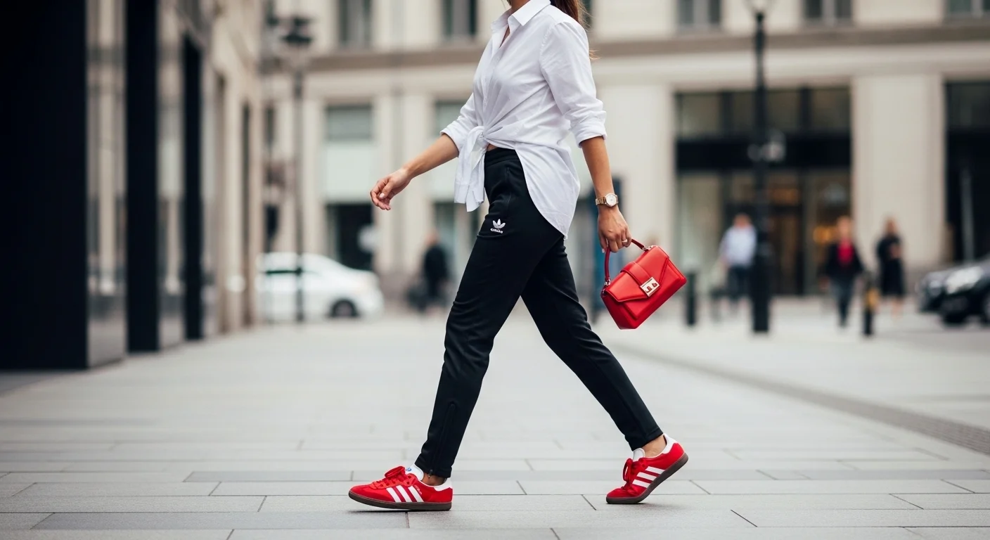 Woman walking in black Adidas track pants white button up shirt and bold red Adidas Samba sneakers