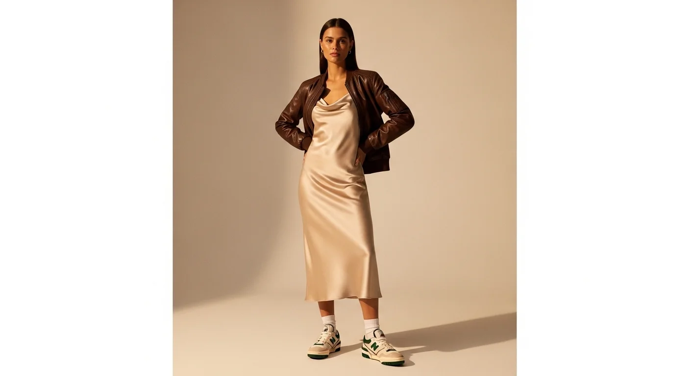 Woman wearing a champagne satin slip dress with a leather bomber jacket and retro New Balance 550 sneakers a chic sneaker ball outfit