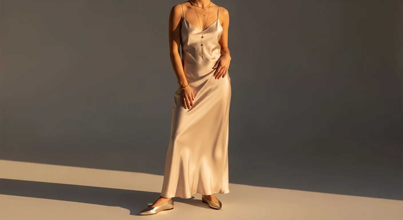 Woman wearing a champagne silk slip dress with metallic pointed toe ballet flats for an elegant evening look
