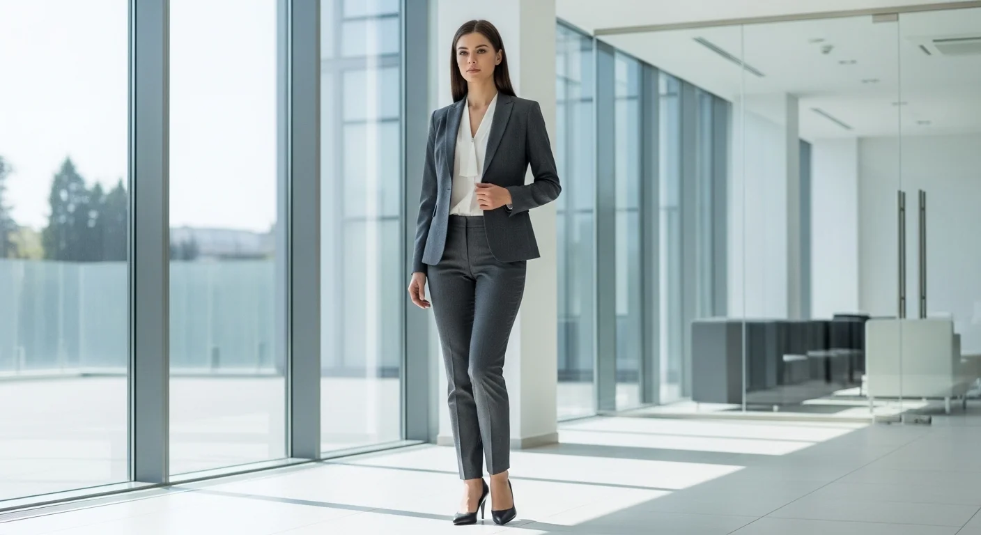 Woman wearing a classic tailored charcoal business professional suit for a formal job interview