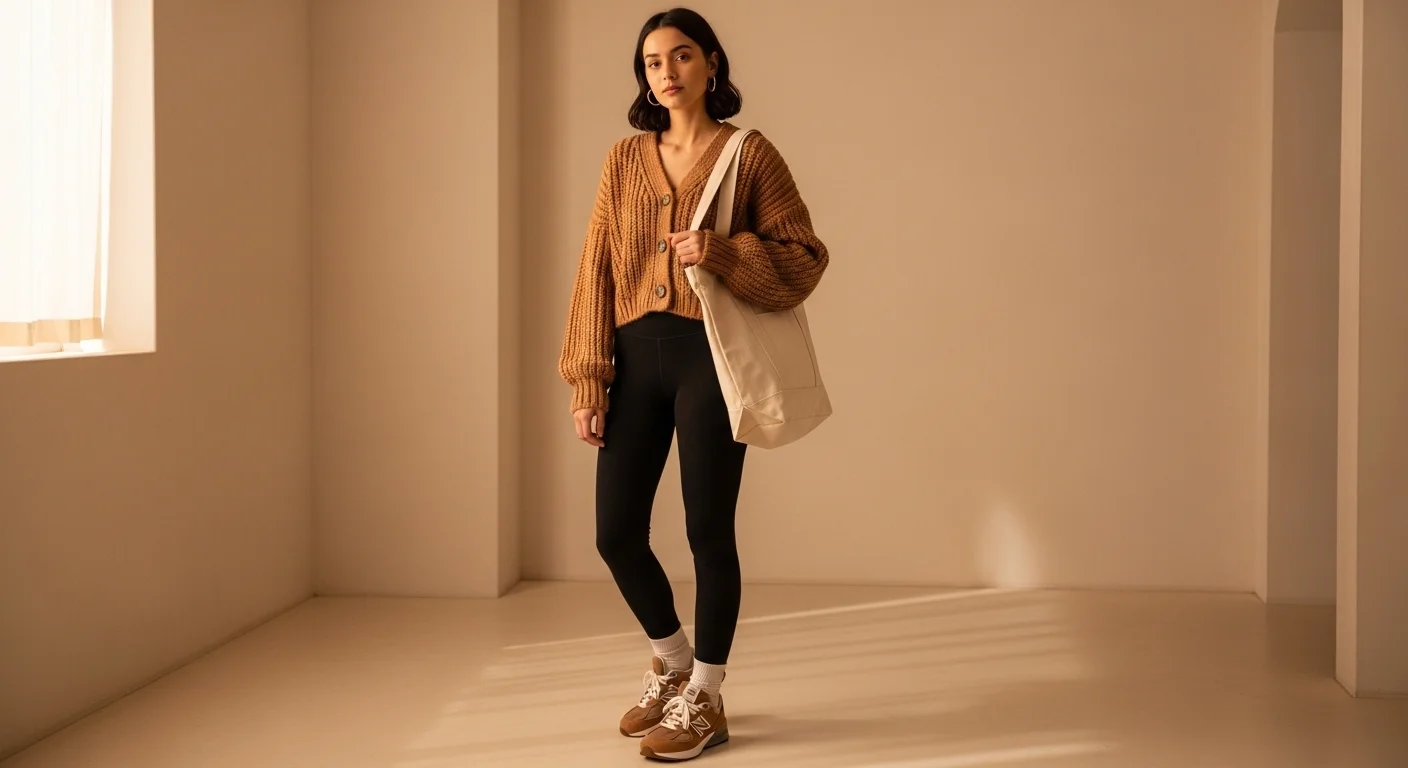 Woman wearing a cropped cardigan leggings and New Balance 9060 sneakers in a cozy lifestyle outfit