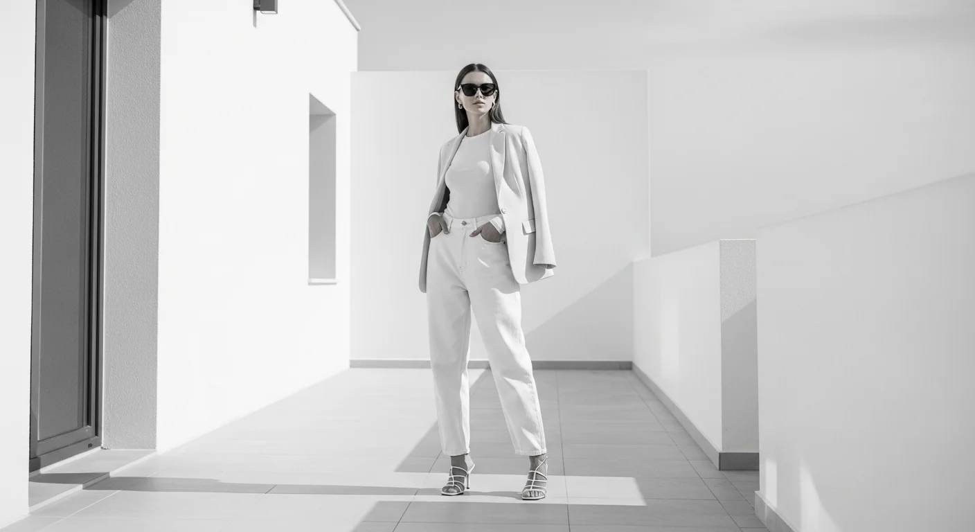 Woman wearing a head to toe white monochrome outfit with baggy jeans blazer and strappy sandals for effortless chic style
