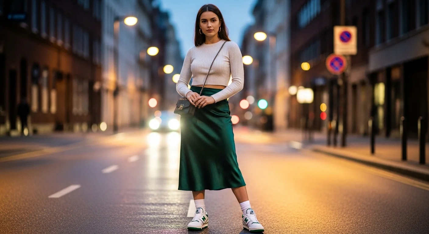 Woman wearing a satin midi skirt knit top and New Balance 550 sneakers in an elevated night out outfit