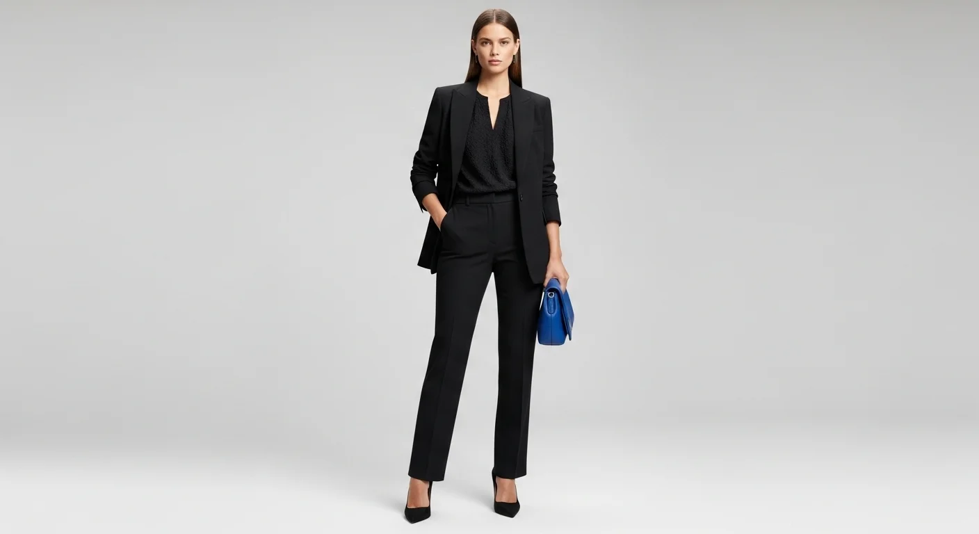 Woman wearing a sleek all black tailored interview outfit with a cobalt blue clutch as a statement accent