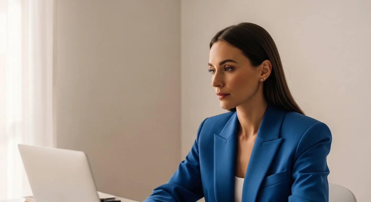 Woman wearing a structured blue blazer and white shirt for a professional video or remote job interview
