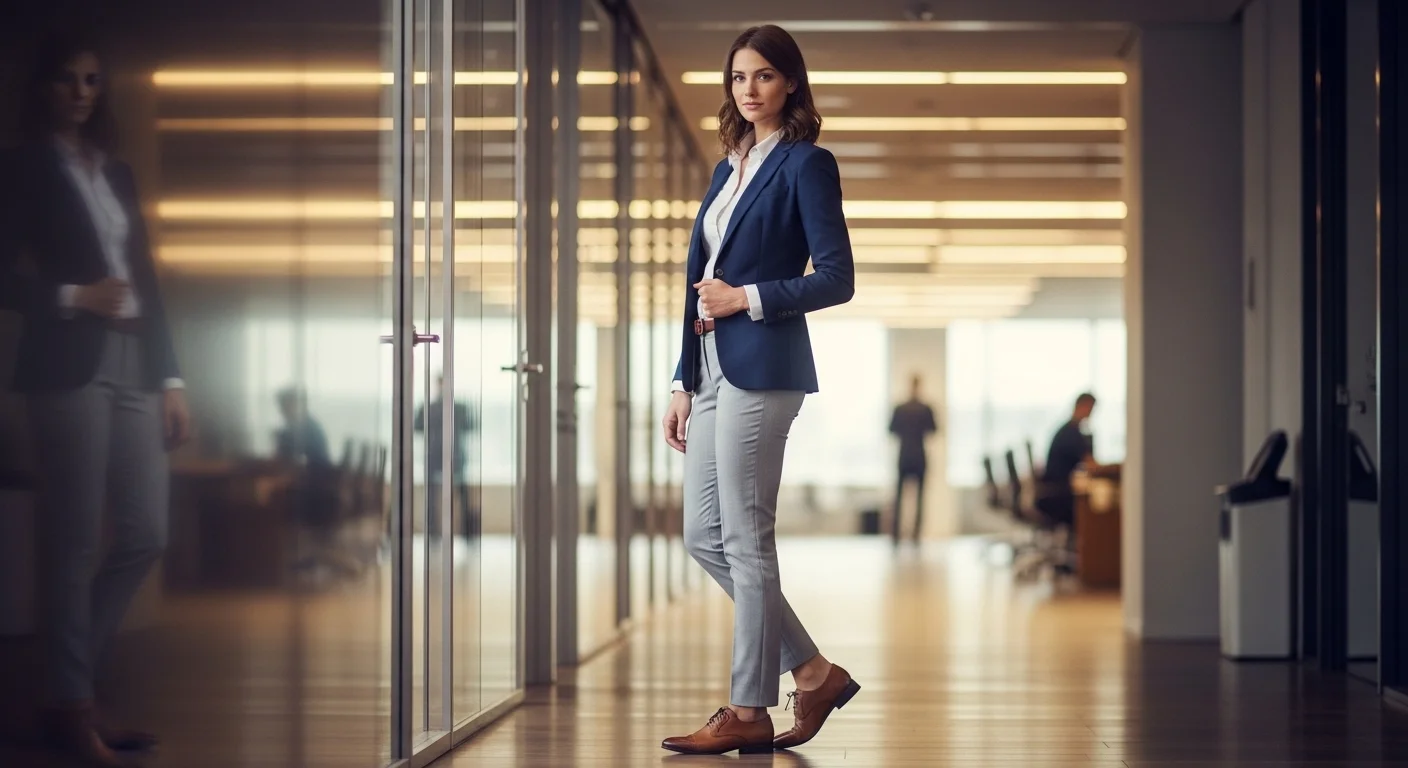 Woman wearing a tailored navy blazer with smart grey trousers for a professional job interview look