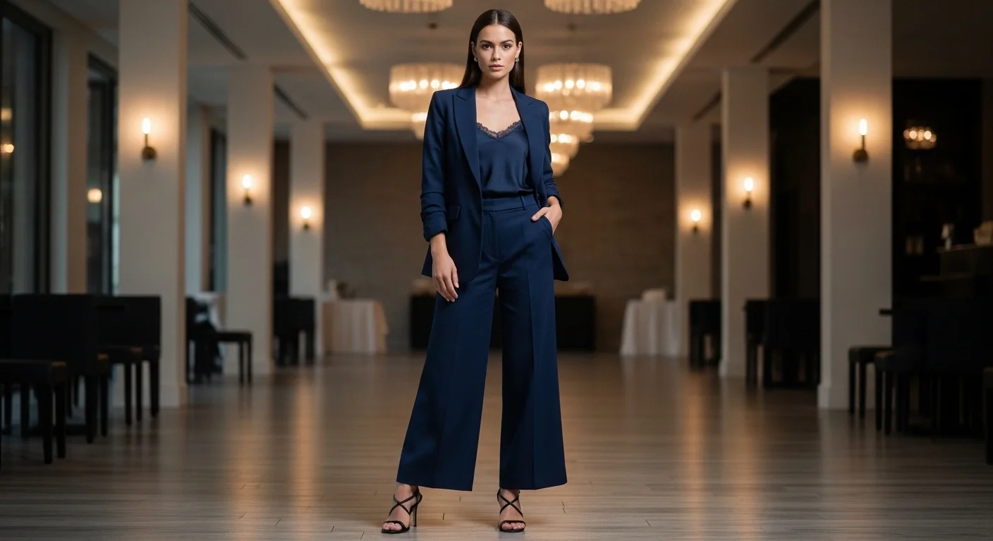 Woman wearing a tailored navy pantsuit making a fashion forward statement at a wedding