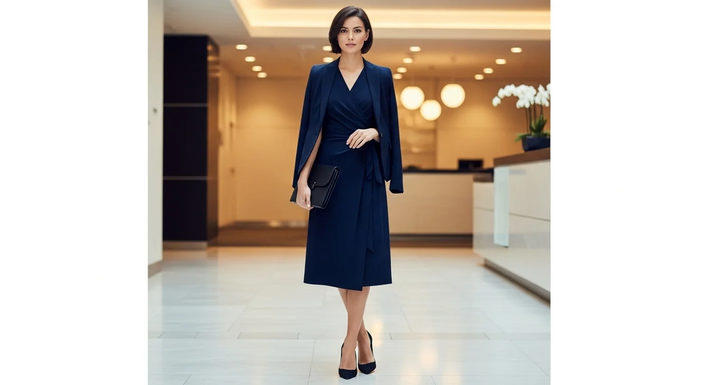 Woman wearing a tailored navy wrap dress with blazer and heels for a professional job interview