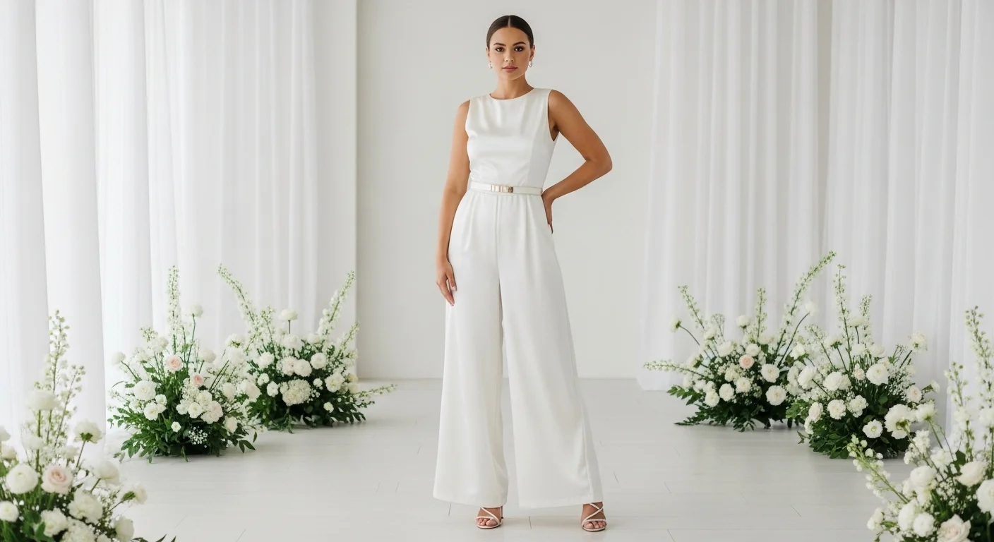 Woman wearing an elegant ivory satin jumpsuit as a stylish modern wedding guest outfit
