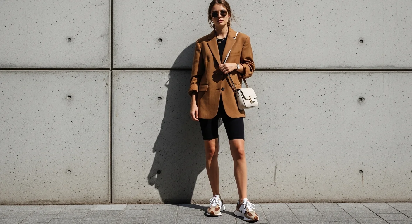Woman wearing an oversized blazer bike shorts and New Balance 327 sneakers in an urban street style look