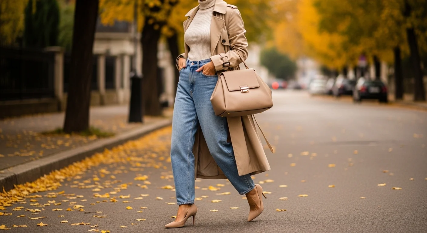 Woman wearing baggy jeans with a trench coat and kitten heels for a polished and elegant transitional season outfit