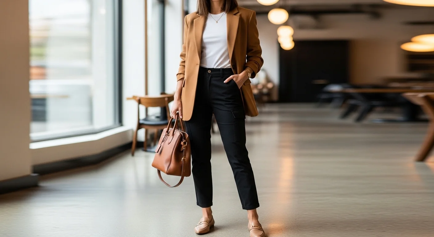 Woman wearing black cargo pants with an oversized camel blazer white tee and pointed toe loafers for a smart casual look
