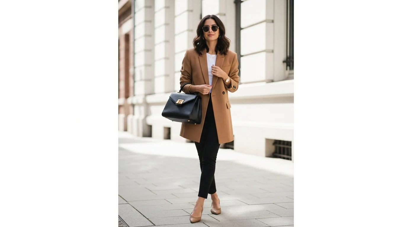 Woman wearing black leggings with oversized camel blazer white tee and ballet flats for a polished smart casual outfit