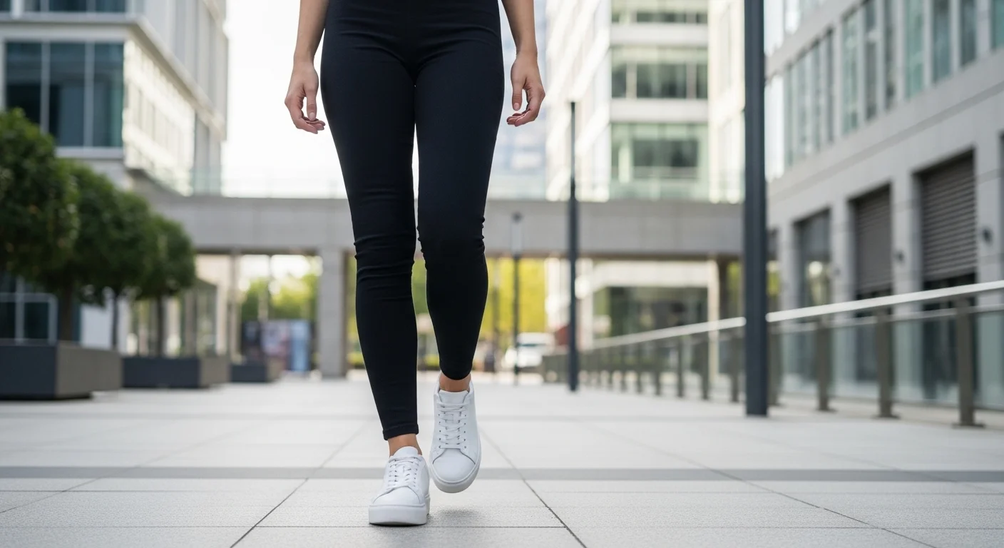 Woman wearing black leggings with white sneakers for everyday casual style