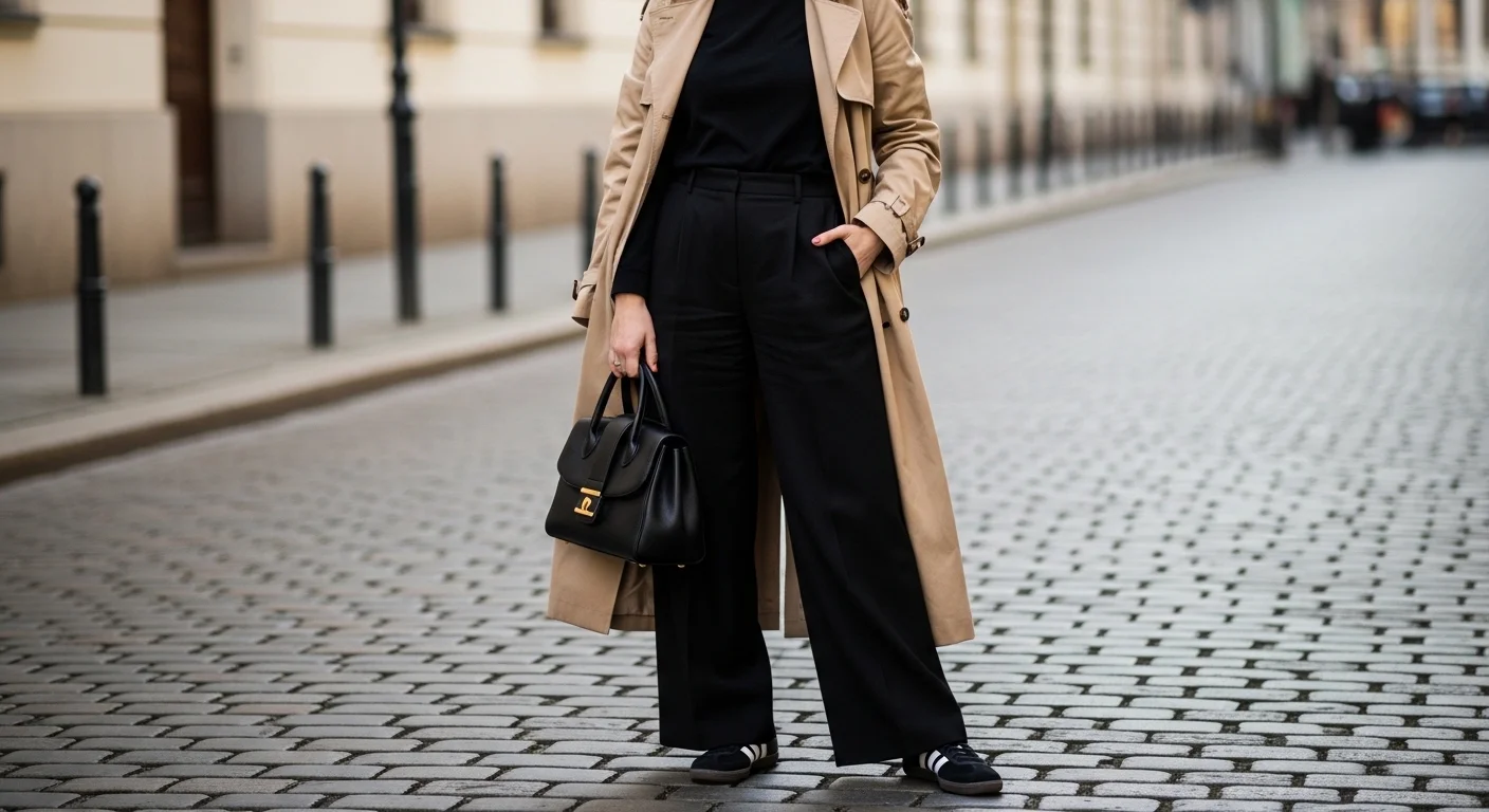 Woman wearing black wide leg trousers, camel trench coat, and classic black and white Adidas Samba sneakers on a cobblestone street