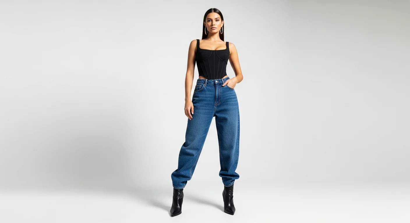 Woman wearing dark wash baggy jeans with a black corset top and heeled boots for a stunning hourglass silhouette
