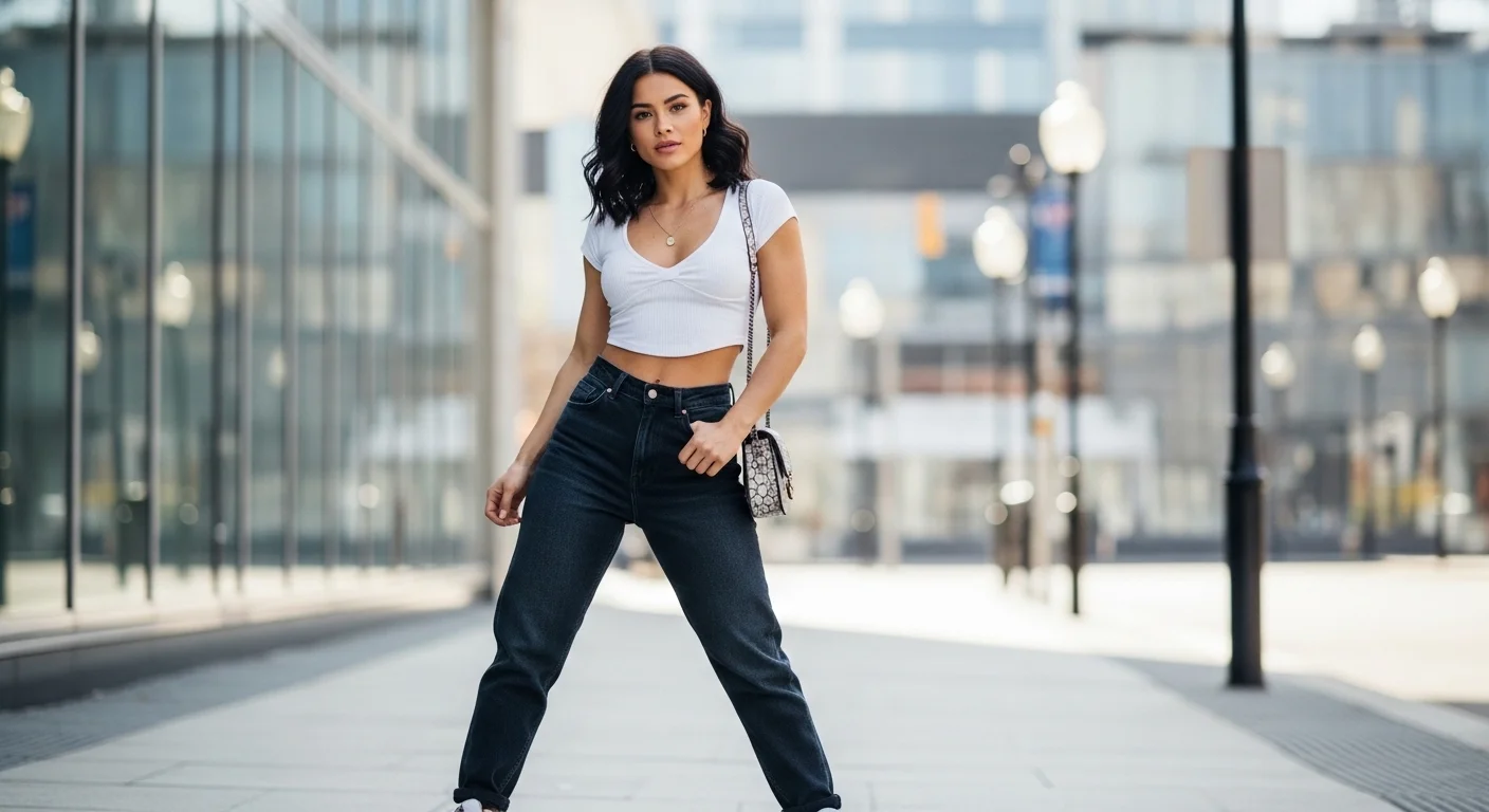 Woman wearing dark wash baggy jeans with a fitted white crop top for a balanced proportioned street style look
