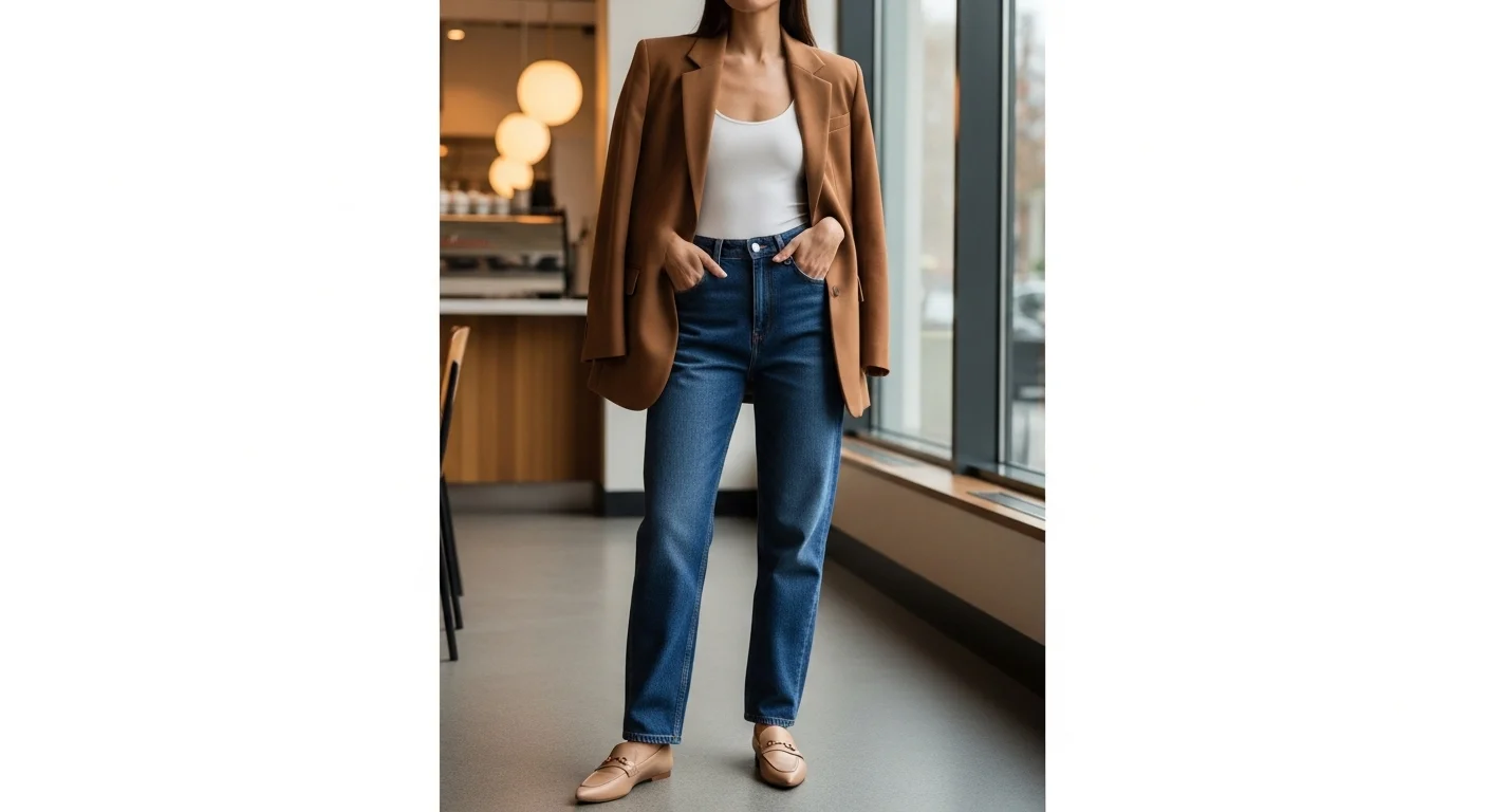 Woman wearing dark wash baggy jeans with an oversized camel blazer and white bodysuit for a smart casual look