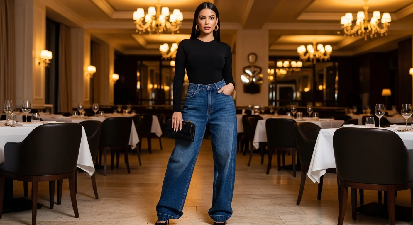 Woman wearing dark wash baggy jeans with black stiletto heels and a fitted bodysuit for a dressed up glamorous look