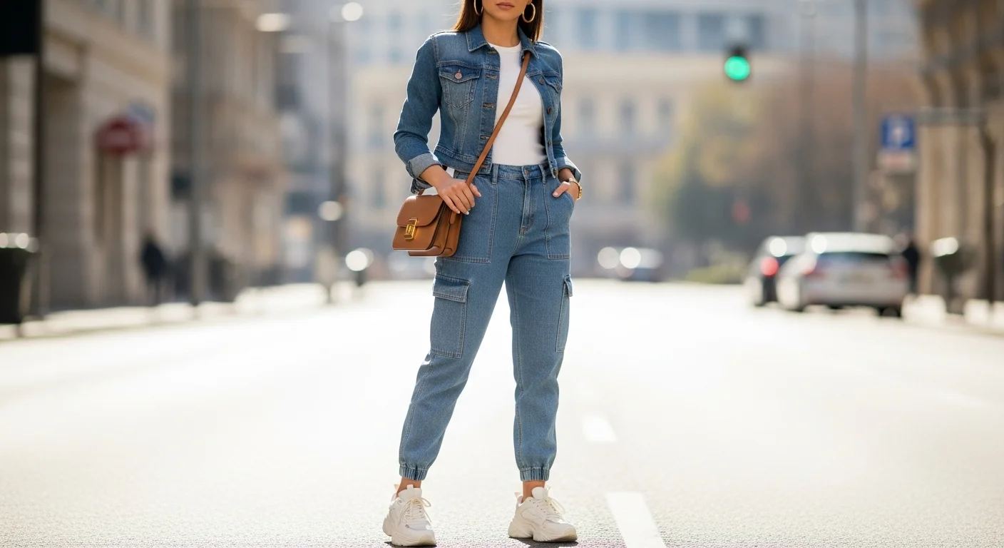 Woman wearing denim cargo pants with a denim jacket and white tee for a stylish double denim street style moment