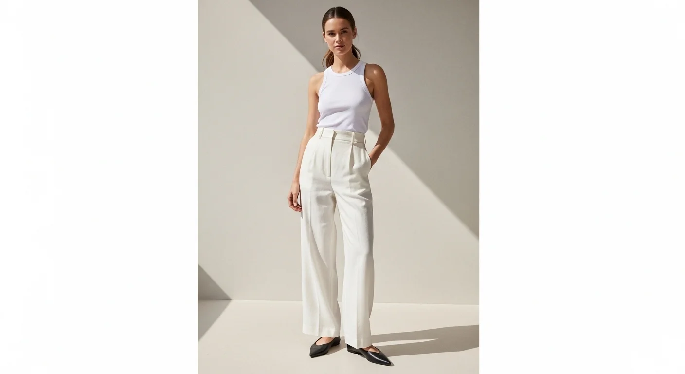 Woman wearing ivory wide leg linen trousers with black pointed toe ballet flats and a fitted tank