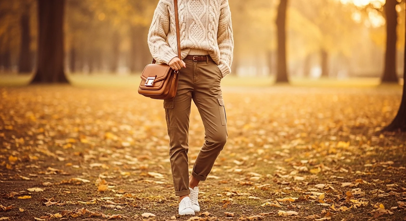 Woman wearing khaki cargo pants with a chunky cream cable knit sweater and white sneakers for cosy transitional dressing