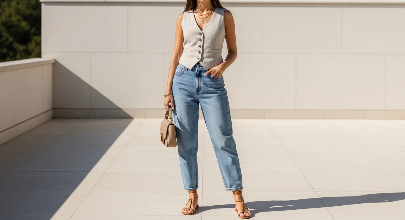 Woman wearing light wash baggy jeans with a tailored linen waistcoat and strappy sandals for a fashion forward spring outfit