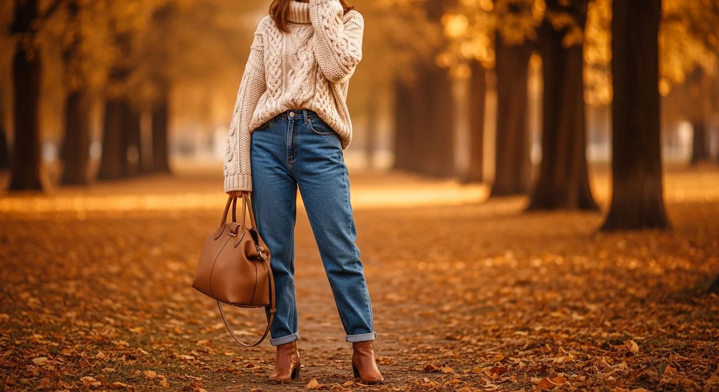 Woman wearing medium wash baggy jeans with a chunky cream cable knit sweater and ankle boots for cosy seasonal style