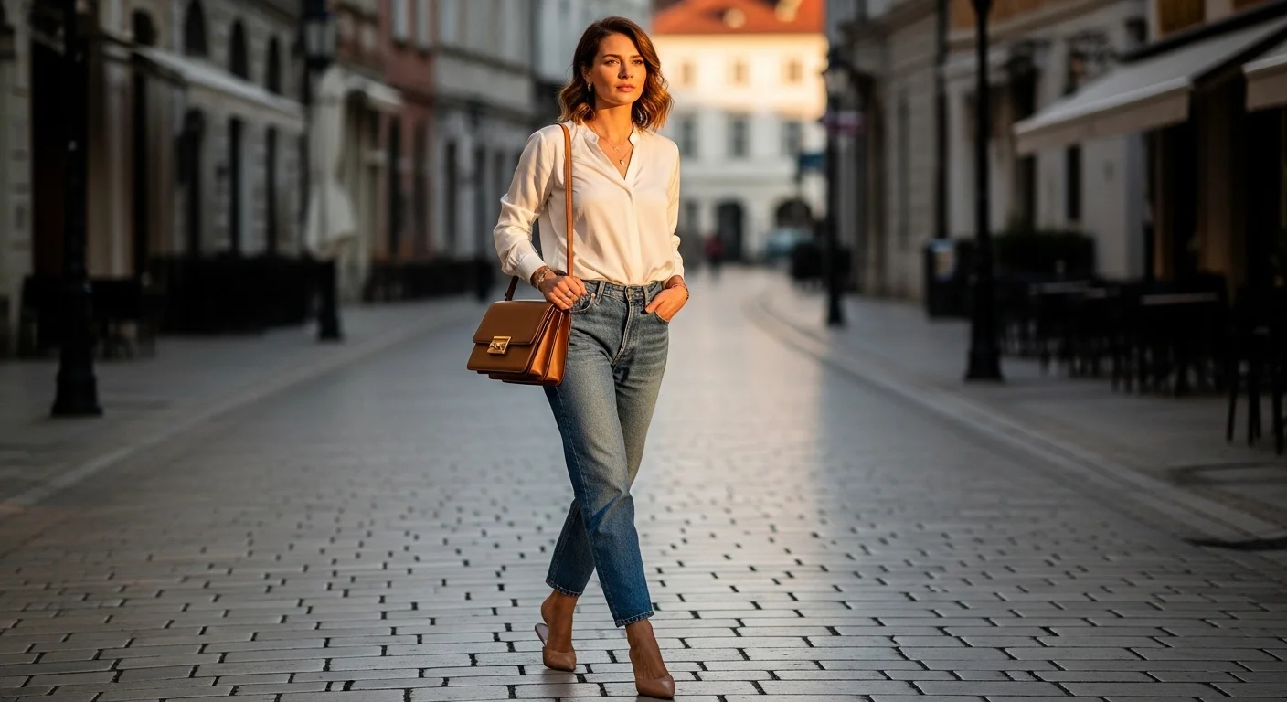 Woman wearing medium wash baggy jeans with a cream silk blouse and nude mules for an elevated elegant look