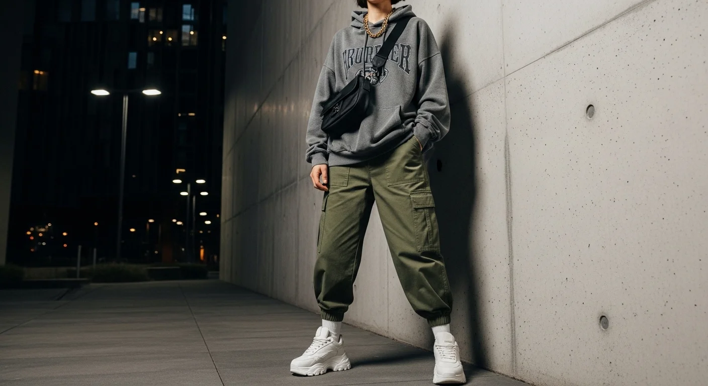 Woman wearing olive baggy cargo pants with an oversized grey hoodie and chunky platform sneakers for full streetwear style