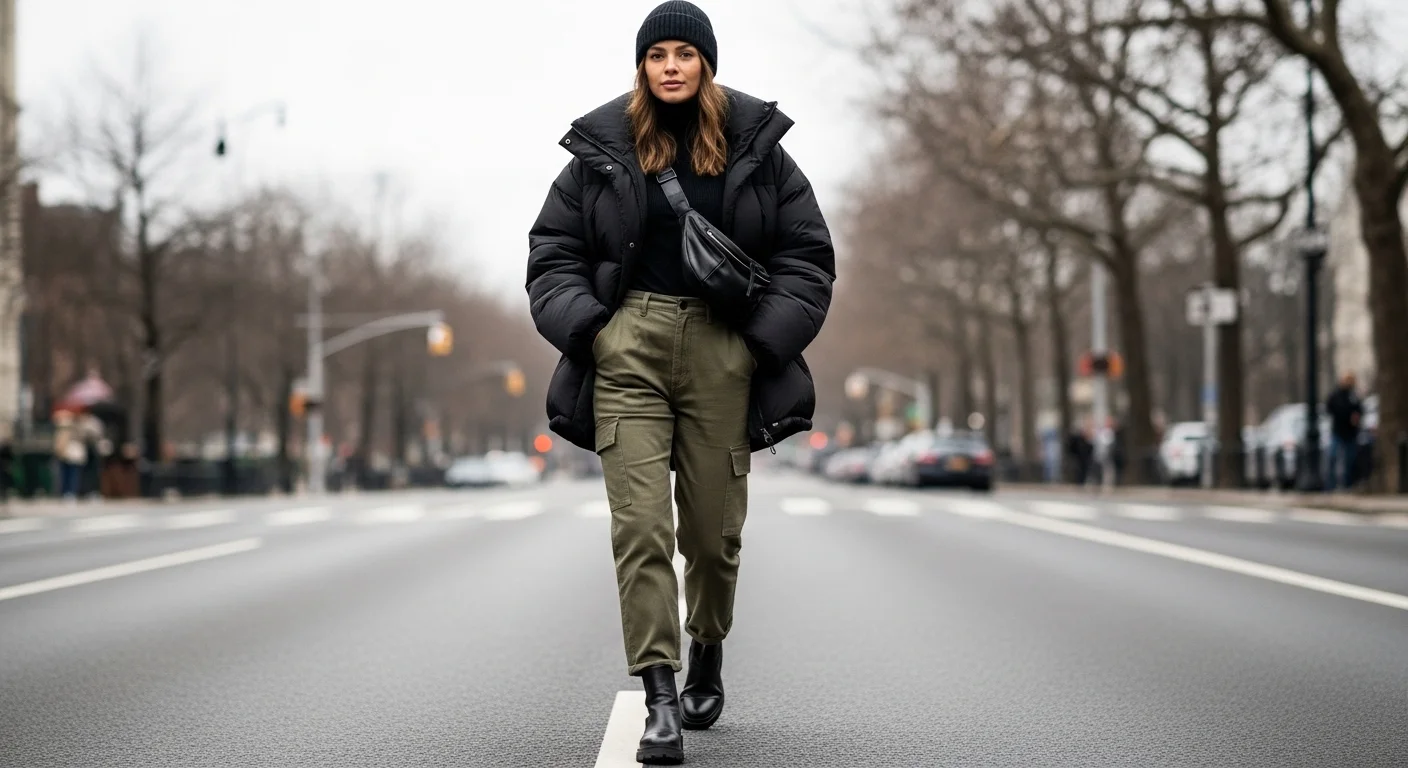 Woman wearing olive cargo pants with a black puffer jacket turtleneck and ankle boots for winter street style