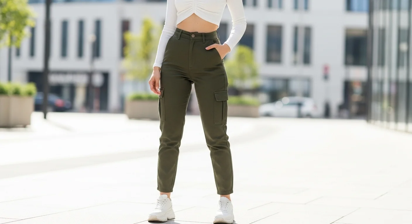 Woman wearing olive green cargo pants with a fitted white crop top and white sneakers for everyday casual street style