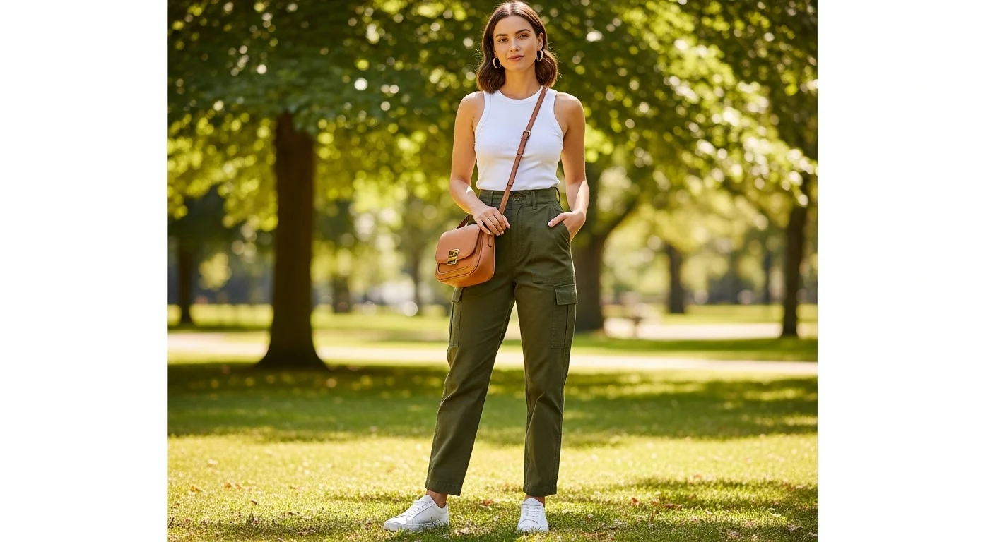 Woman wearing olive green cargo pants with a white tank top white sneakers and gold hoops for a versatile everyday look