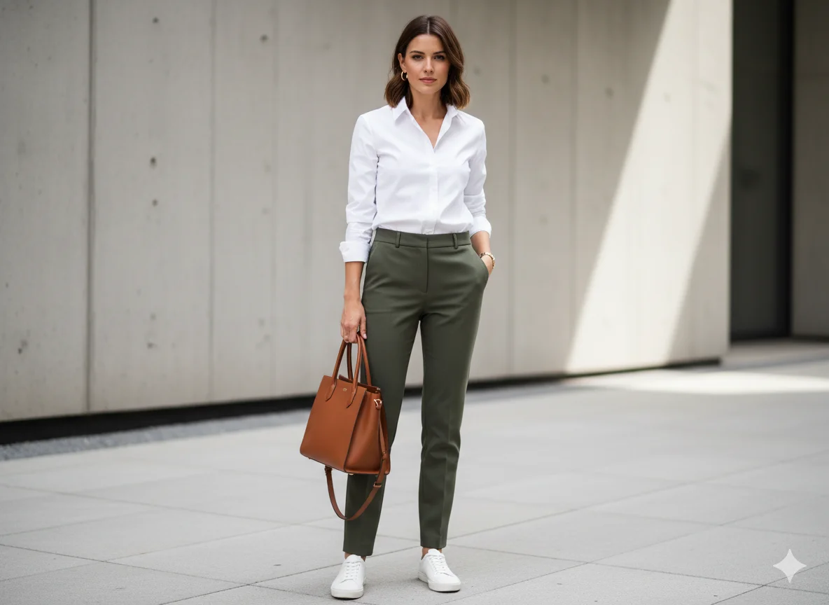 Woman wearing olive green pants with a white shirt and white sneakers for a clean casual outfit
