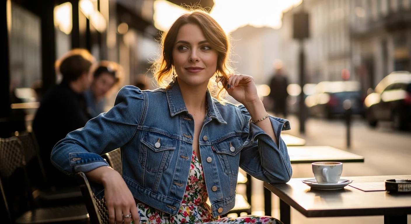 Woman with pear body shape wearing cropped denim jacket over dress for upper body emphasis