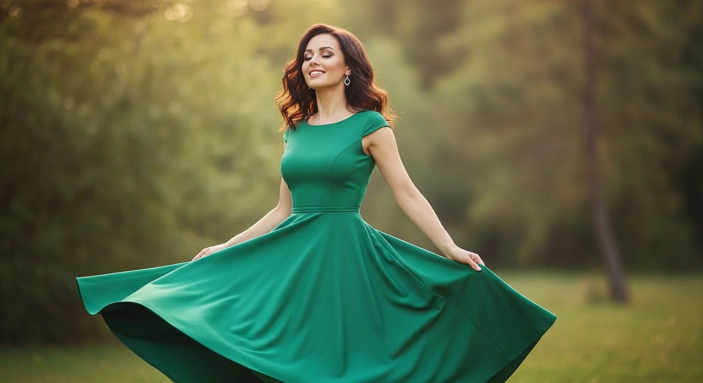 Woman with pear body shape wearing emerald green fit and flare dress with fitted top and flowing skirt