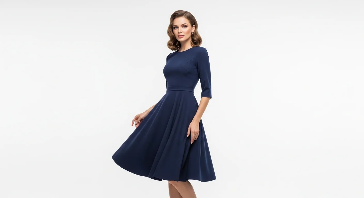 Woman with pear body shape wearing navy blue a line dress