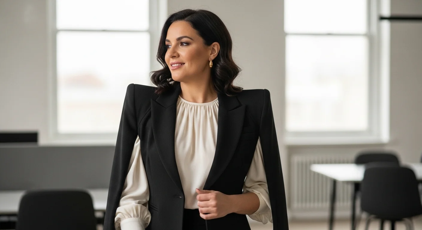 Woman with pear body shape wearing structured blazer with padded shoulders for balanced proportions