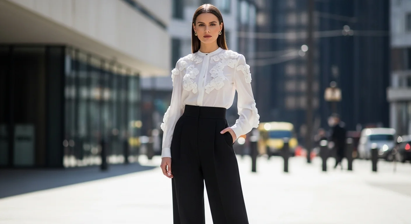 Woman with pear body shape wearing white top and black pants demonstrating strategic color placement