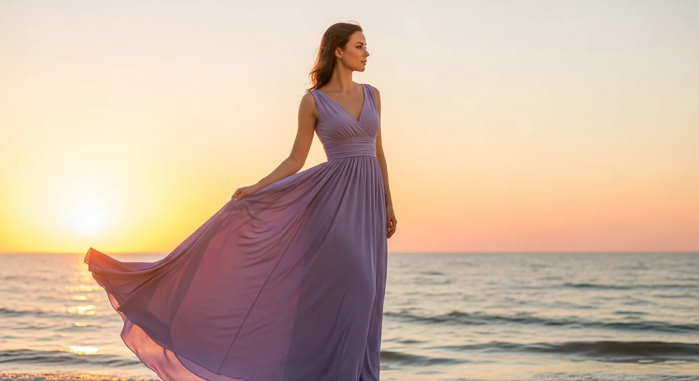 Woman with pear body type wearing lavender empire waist maxi dress with raised waistline