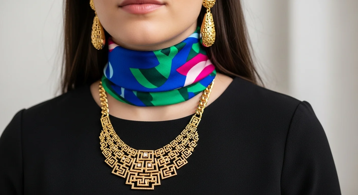 Woman with pear body type wearing statement necklace and bold accessories drawing attention upward