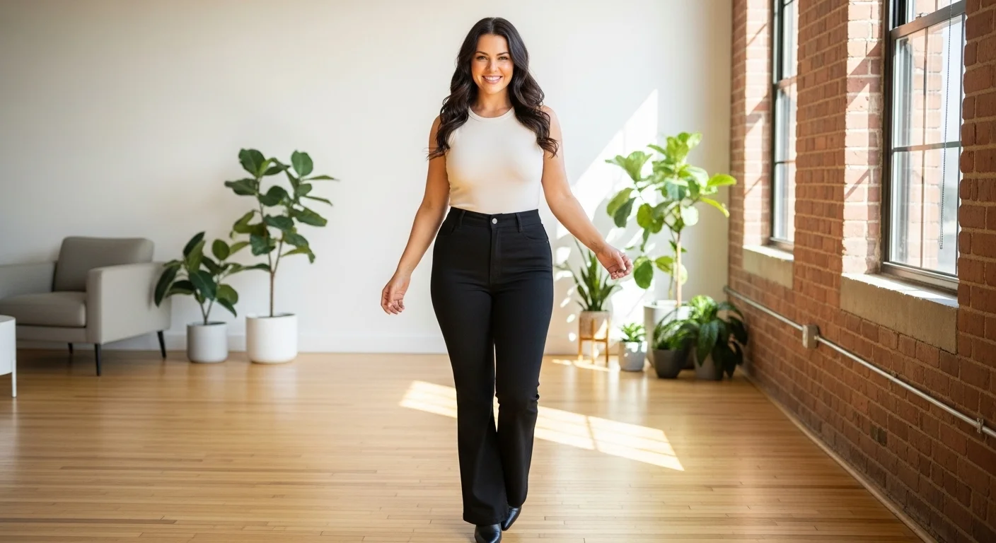 Woman with pear shaped body wearing black bootcut pants with cream top showing balanced silhouette