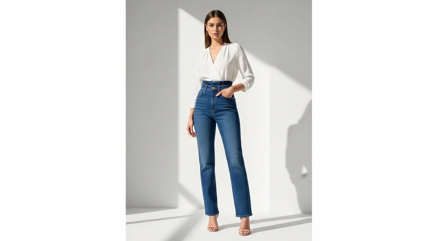 Woman with pear shaped body wearing high waisted dark jeans with white tucked in blouse