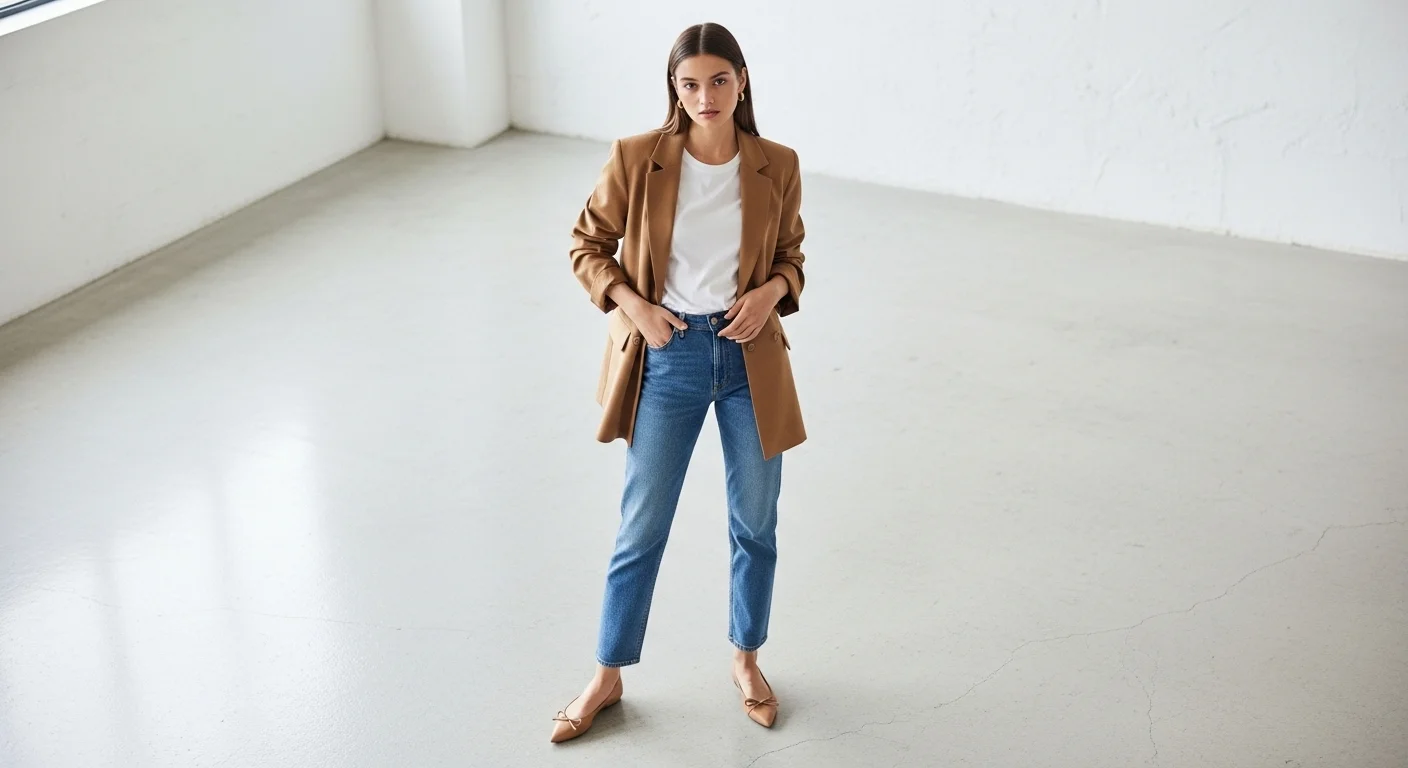  Woman wearing a camel oversized blazer with straight leg jeans and nude ballet flats for a smart casual look