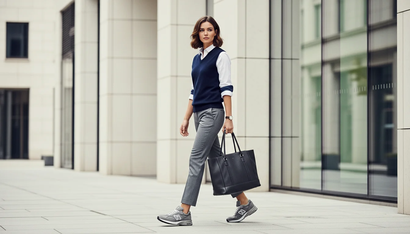 girl in business casual tailored outfit wearing New Balance 991 sneakers in an urban setting