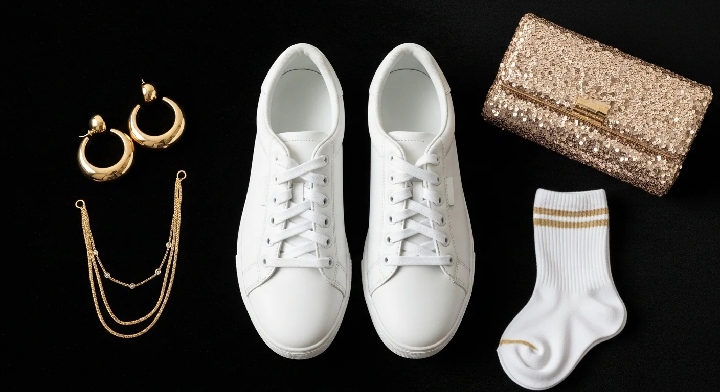 flat lay of sneaker ball accessories including white sneakers gold jewelry an evening clutch and crew socks arranged on black velvet