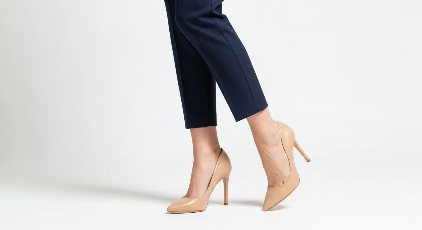 oman with pear shaped body wearing nude pointed toe heels with navy pants for leg elongation